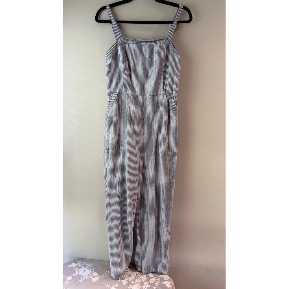 Old Navy Jumpsuit Womens Medium Blue White Striped Linen Blend Wide Leg